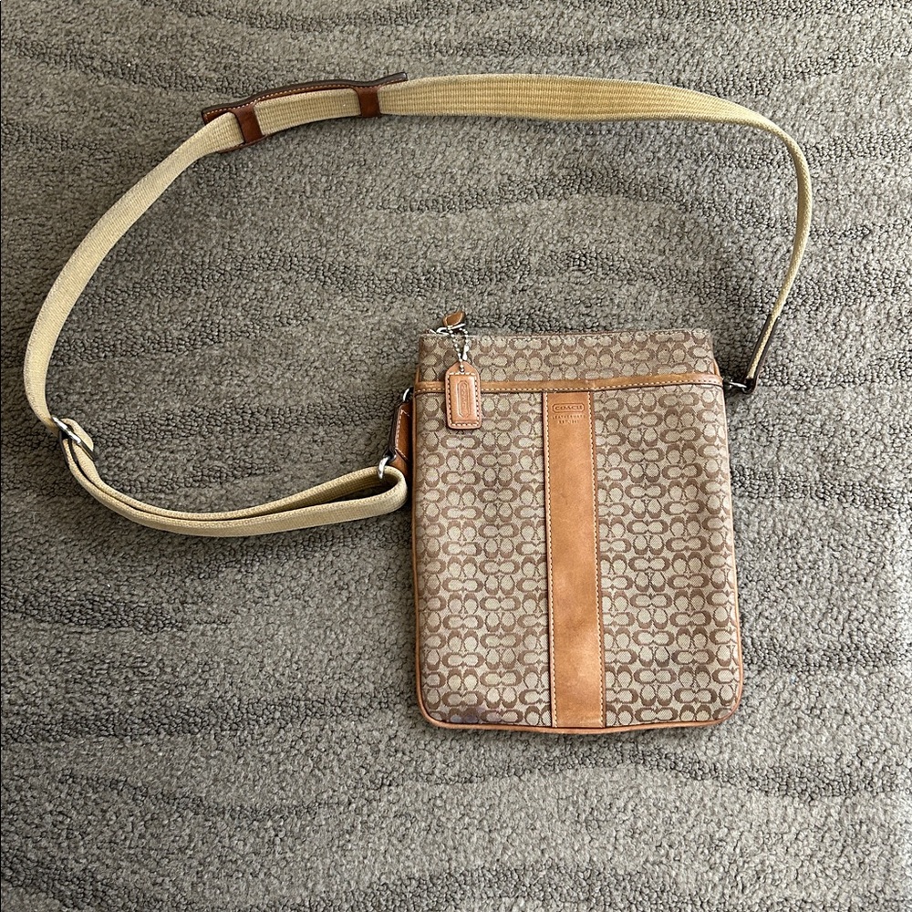 Coach Beige Signature Crossbody with Tan Leather Trim